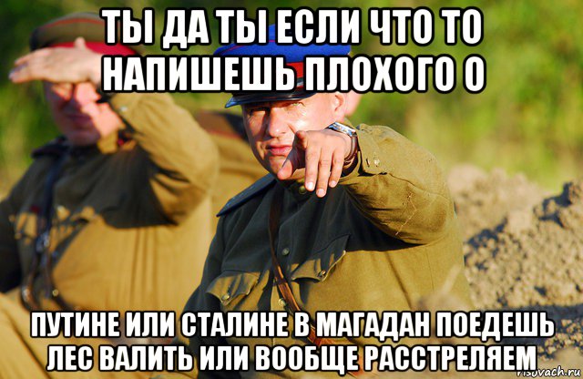 ты да ты если что то напишешь плохого о путине или сталине в магадан поедешь лес валить или вообще расстреляем