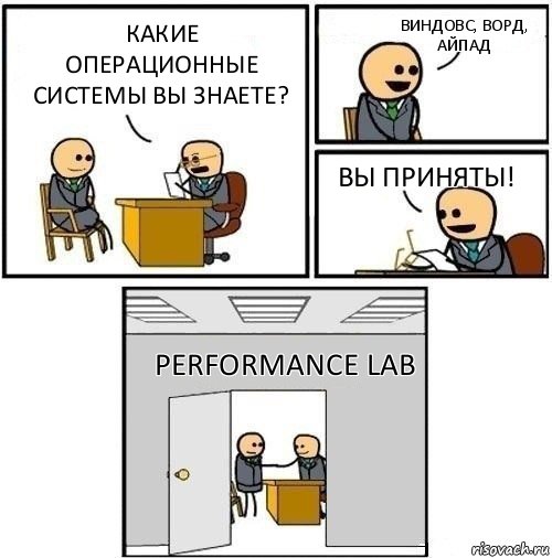 Какие операционные системы Вы знаете? Виндовс, ворд, айпад Вы приняты! Performance Lab