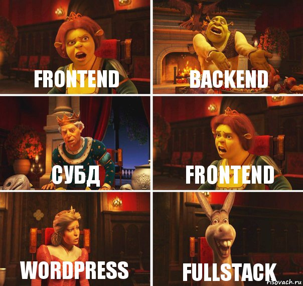 frontend backend СУБД frontend Wordpress fullstack, Комикс  Шрек Фиона Гарольд Осел