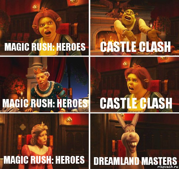 Magic Rush: heroes Castle Clash Magic Rush: Heroes Castle Clash Magic Rush: heroes Dreamland masters, Комикс  Шрек Фиона Гарольд Осел