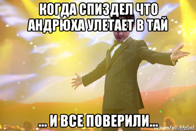 когда спиздел что андрюха улетает в тай ... и все поверили..., Мем Тони Старк Пиздабол