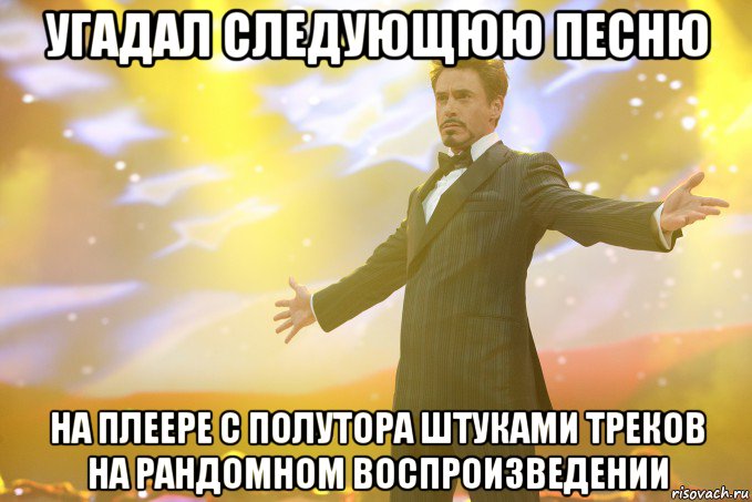 угадал следующюю песню на плеере с полутора штуками треков на рандомном воспроизведении, Мем Тони Старк (Роберт Дауни младший)