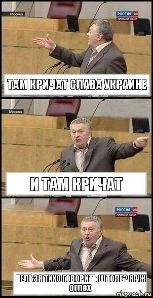 ТАМ КРИЧАТ СЛАВА УКРАИНЕ И ТАМ КРИЧАТ нельзя тихо говорить штоле? я уж оглох, Комикс Жириновский разводит руками 3