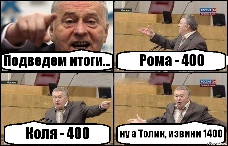 Подведем итоги... Рома - 400 Коля - 400 ну а Толик, извини 1400, Комикс Жириновский