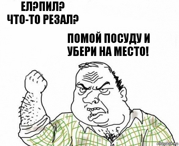 ЕЛ?ПИЛ?
ЧТО-ТО РЕЗАЛ? ПОМОЙ ПОСУДУ И
УБЕРИ НА МЕСТО!