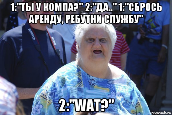 1:"ты у компа?" 2:"да.." 1:"сбрось аренду, ребутни службу" 2:"wat?", Мем Шта (Бабка wat)