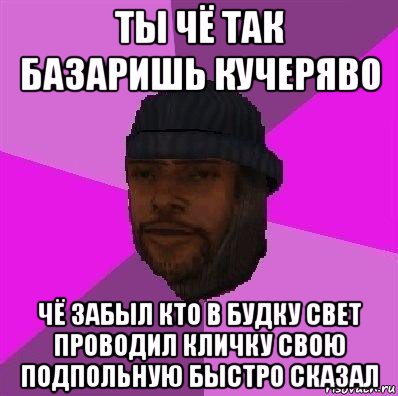 ты чё так базаришь кучеряво чё забыл кто в будку свет проводил кличку свою подпольную быстро сказал, Мем Бомж самп рп