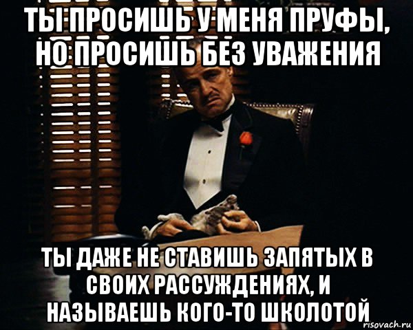 ты просишь у меня пруфы, но просишь без уважения ты даже не ставишь запятых в своих рассуждениях, и называешь кого-то школотой, Мем Дон Вито Корлеоне