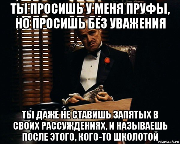 ты просишь у меня пруфы, но просишь без уважения ты даже не ставишь запятых в своих рассуждениях, и называешь после этого, кого-то школотой, Мем Дон Вито Корлеоне