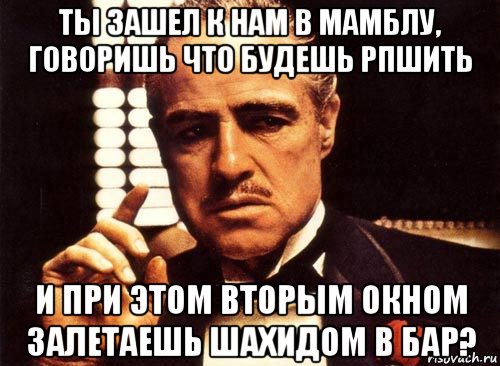 ты зашел к нам в мамблу, говоришь что будешь рпшить и при этом вторым окном залетаешь шахидом в бар?, Мем крестный отец