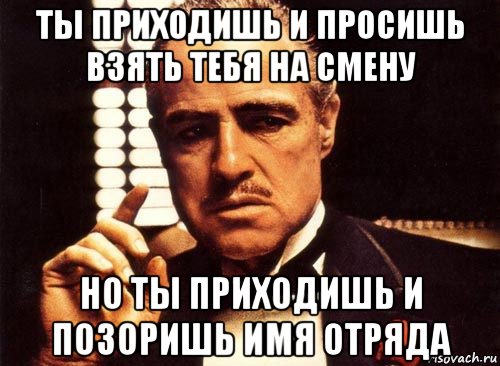 ты приходишь и просишь взять тебя на смену но ты приходишь и позоришь имя отряда, Мем крестный отец