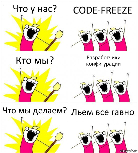 Что у нас? CODE-FREEZE Кто мы? Разработчики конфигурации Что мы делаем? Льем все гавно, Комикс кто мы