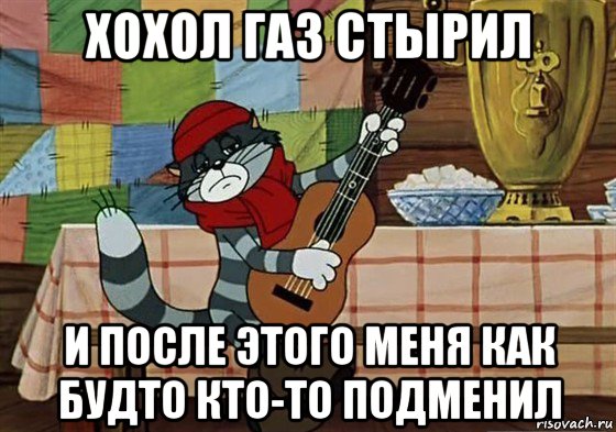 хохол газ стырил и после этого меня как будто кто-то подменил, Мем Грустный Матроскин с гитарой