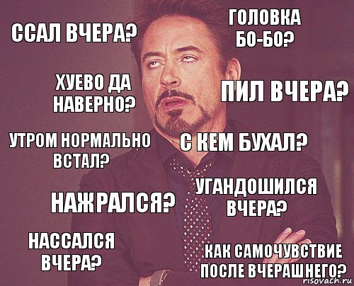 ссал вчера? головка бо-бо? утром нормально встал? нассался вчера? угандошился вчера? с кем бухал? нажрался? как самочувствие после вчерашнего? хуево да наверно? пил вчера?, Комикс мое лицо