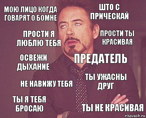 МОЮ ЛИЦО КОГДА ГОВАРЯТ О БОМНЕ ШТО С ПРИЧЕСКАЙ ОСВЕЖИ ДЫХАНИЕ ТЫ Я ТЕБЯ БРОСАЮ ТЫ УЖАСНЫ ДРУГ ПРЕДАТЕЛЬ НЕ НАВИЖУ ТЕБЯ ТЫ НЕ КРАСИВАЯ ПРОСТИ Я ЛЮБЛЮ ТЕБЯ ПРОСТИ ТЫ КРАСИВАЯ, Комикс мое лицо