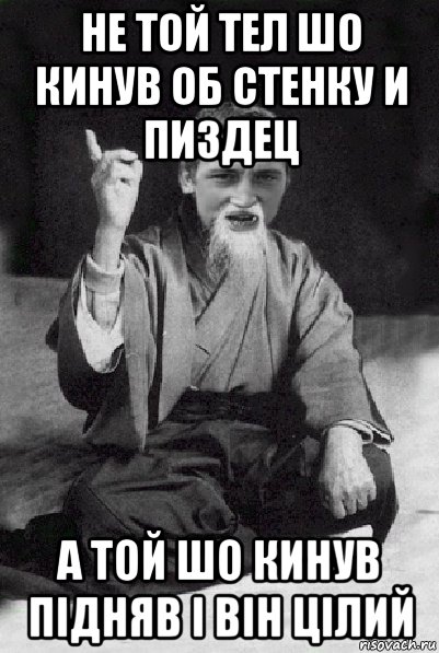 не той тел шо кинув об стенку и пиздец а той шо кинув підняв і він цілий, Мем Мудрий паца