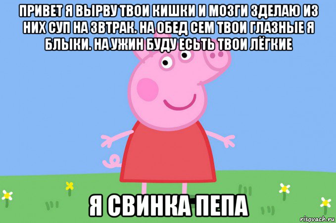 привет я вырву твои кишки и мозги зделаю из них суп на звтрак. на обед сем твои глазные я блыки. на ужин буду есьть твои лёгкие я свинка пепа, Мем Пеппа