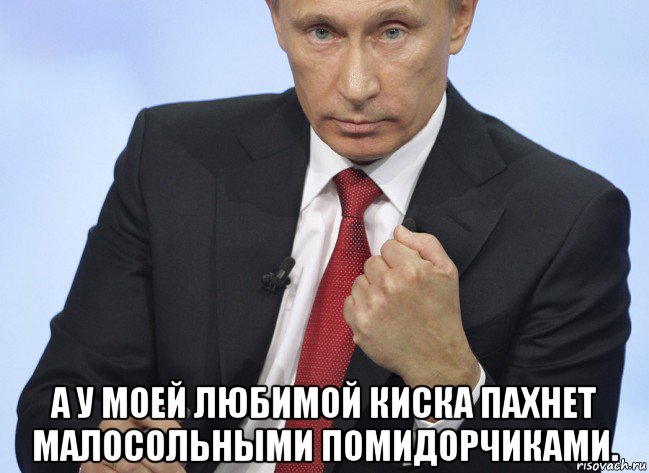  а у моей любимой киска пахнет малосольными помидорчиками., Мем Путин показывает кулак