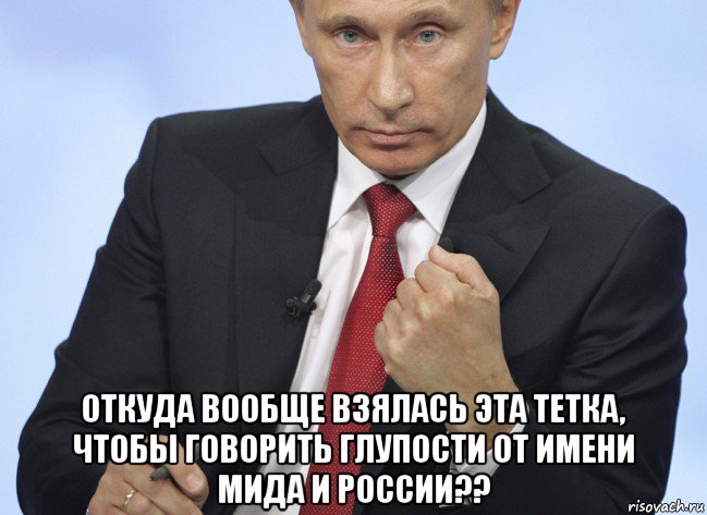  откуда вообще взялась эта тетка, чтобы говорить глупости от имени мида и россии??, Мем Путин показывает кулак