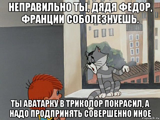 неправильно ты, дядя федор, франции соболезнуешь. ты аватарку в триколор покрасил, а надо продпринять совершенно иное
