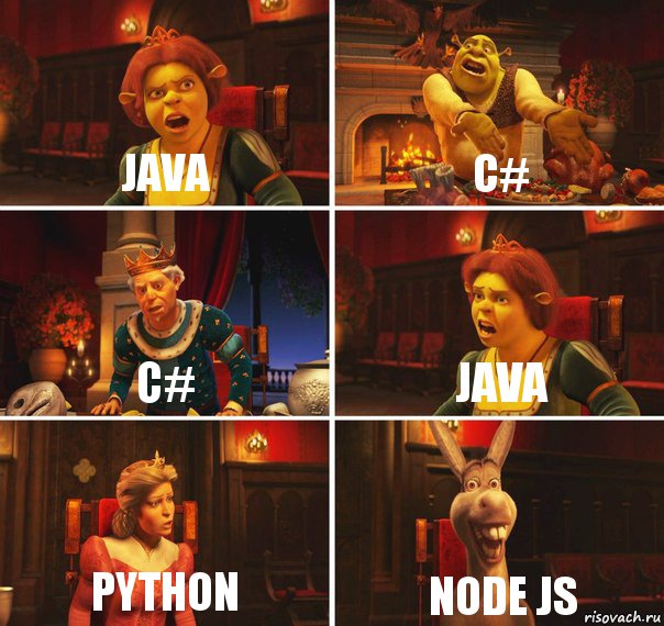 JAVA C# C# JAVA Python Node JS, Комикс  Шрек Фиона Гарольд Осел