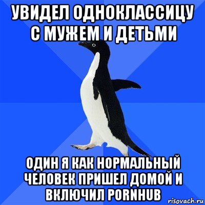 увидел одноклассицу c мужем и детьми один я как нормальный человек пришел домой и включил pornhub, Мем  Социально-неуклюжий пингвин