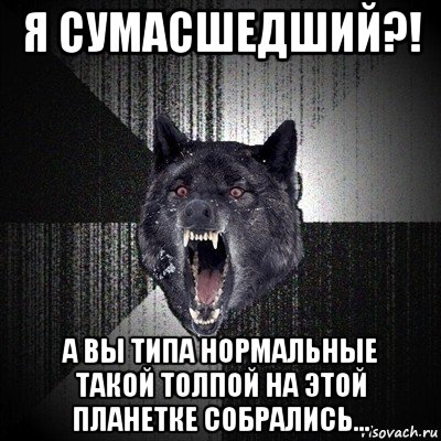 я сумасшедший?! а вы типа нормальные такой толпой на этой планетке собрались..., Мем Сумасшедший волк