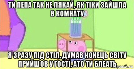 ти пепа так не лякай, як тіки зайшла в комнату я зразу під стіл, думав конець світу прийшов у гості, ато ти блеать