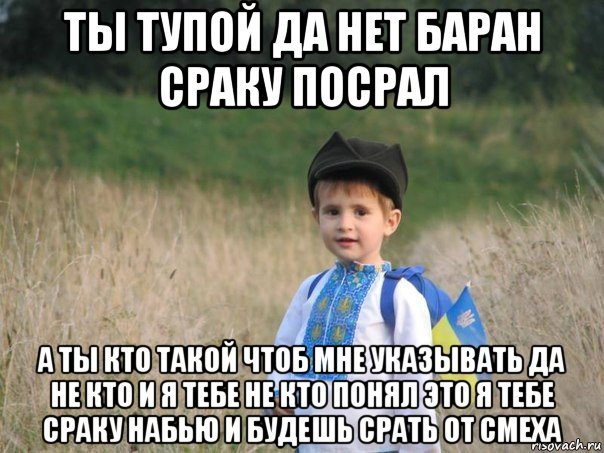 ты тупой да нет баран сраку посрал а ты кто такой чтоб мне указывать да не кто и я тебе не кто понял это я тебе сраку набью и будешь срать от смеха, Мем Украина - Единая