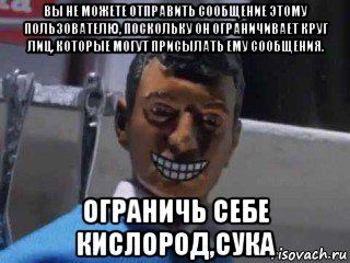 вы не можете отправить сообщение этому пользователю, поскольку он ограничивает круг лиц, которые могут присылать ему сообщения. ограничь себе кислород,сука