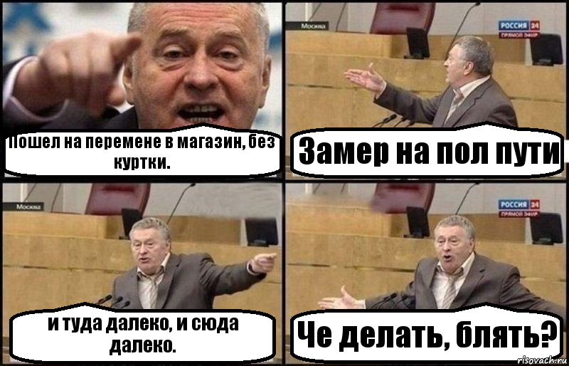 Пошел на перемене в магазин, без куртки. Замер на пол пути и туда далеко, и сюда далеко. Че делать, блять?, Комикс Жириновский