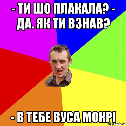 - ти шо плакала? - да. як ти взнав? - в тебе вуса мокрі, Мем Чоткий паца