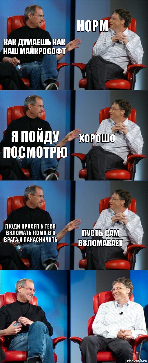 как думаешь как наш майкрософт норм я пойду посмотрю хорошо люди просят у тебя взломать комп его врага и пакасничить пусть сам взломавает