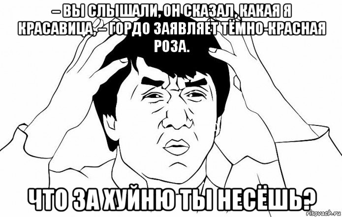 – вы слышали, он сказал, какая я красавица, – гордо заявляет тёмно-красная роза. что за хуйню ты несёшь?