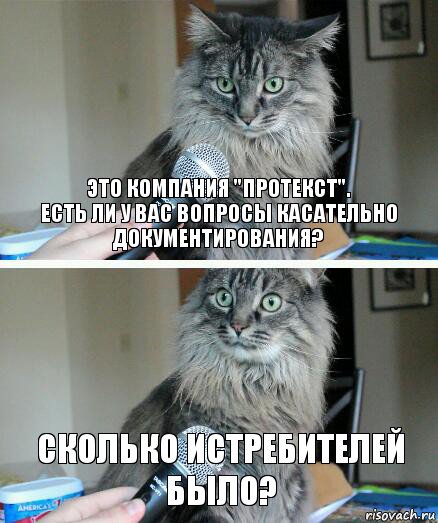 Это компания "Протекст".
Есть ли у вас вопросы касательно документирования? Сколько истребителей было?, Комикс  кот с микрофоном