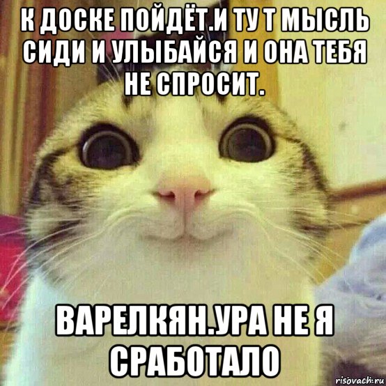 к доске пойдёт.и ту т мысль сиди и улыбайся и она тебя не спросит. варелкян.ура не я сработало, Мем       Котяка-улыбака