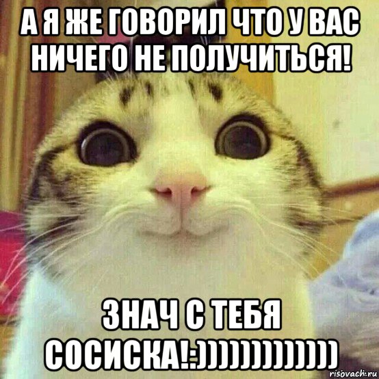 а я же говорил что у вас ничего не получиться! знач с тебя сосиска!:))))))))))))), Мем       Котяка-улыбака