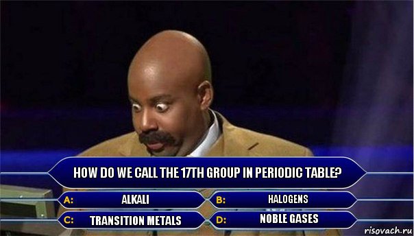 How do we call the 17th group in periodic table? Alkali Halogens Transition metals Noble gases, Комикс      Кто хочет стать миллионером