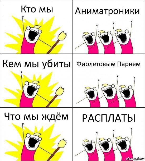 Кто мы Аниматроники Кем мы убиты Фиолетовым Парнем Что мы ждём РАСПЛАТЫ, Комикс кто мы