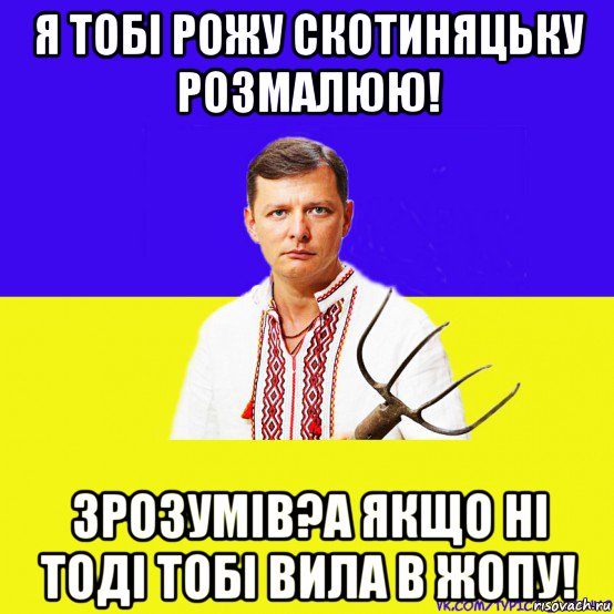 я тобі рожу скотиняцьку розмалюю! зрозумів?а якщо ні тоді тобі вила в жопу!, Мем ляшко