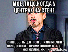 мое лицо,когда у центрух на стене лучше быть центром внимания,чем находиться в примитивном стаде осуждающих., Мем мое лицо когда