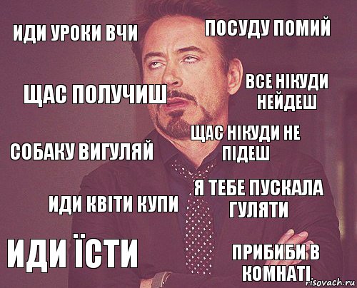 иди уроки вчи посуду помий собаку вигуляй иди їсти я тебе пускала гуляти щас нікуди не підеш иди квіти купи прибиби в комнаті щас получиш все нікуди нейдеш, Комикс мое лицо