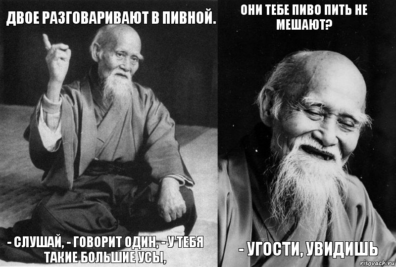 Двое разговаривают в пивной. - Слушай, - говорит один, - у тебя такие большие усы, они тебе пиво пить не мешают? - Угости, увидишь, Комикс Мудрец-монах (4 зоны)