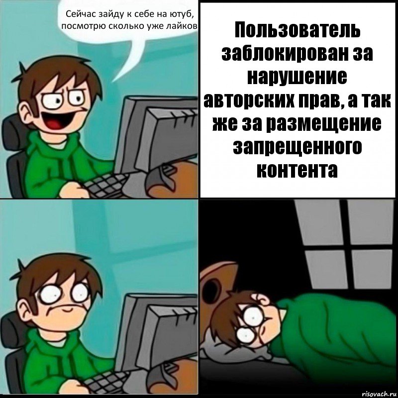 Сейчас зайду к себе на ютуб, посмотрю сколько уже лайков Пользователь заблокирован за нарушение авторских прав, а так же за размещение запрещенного контента