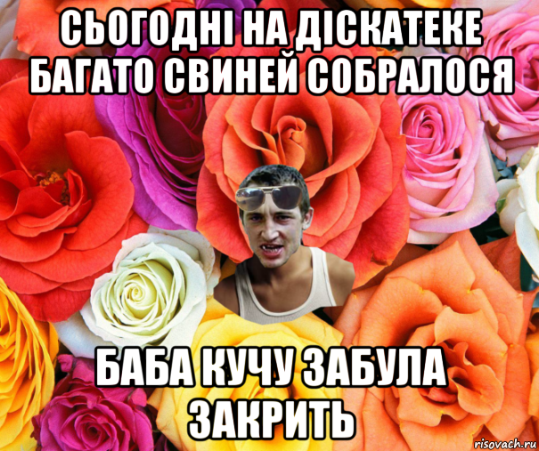 сьогодні на діскатеке багато свиней собралося баба кучу забула закрить, Мем  пацанчо