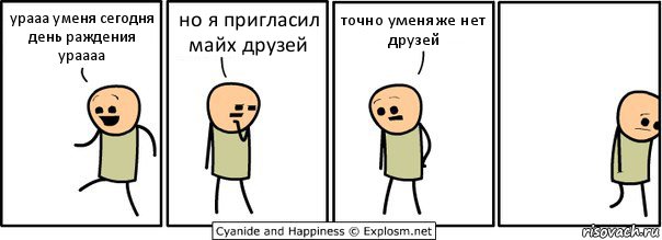 урааа уменя сегодня день раждения ураааа но я пригласил майх друзей точно уменяже нет друзей, Комикс  Расстроился