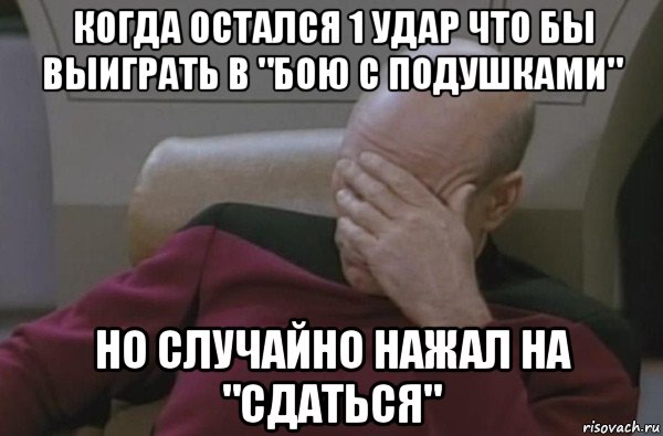 когда остался 1 удар что бы выиграть в "бою с подушками" но случайно нажал на "сдаться", Мем  Рукалицо