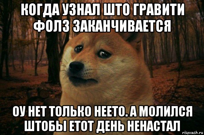 когда узнал што гравити фолз заканчивается оу нет только неето. а молился штобы етот день ненастал, Мем SAD DOGE