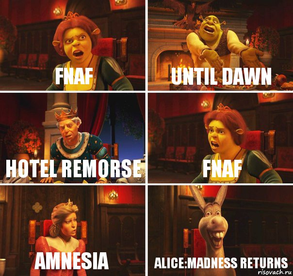 FNaF Until Dawn hotel remorse FNaF Amnesia Alice:madness Returns, Комикс  Шрек Фиона Гарольд Осел