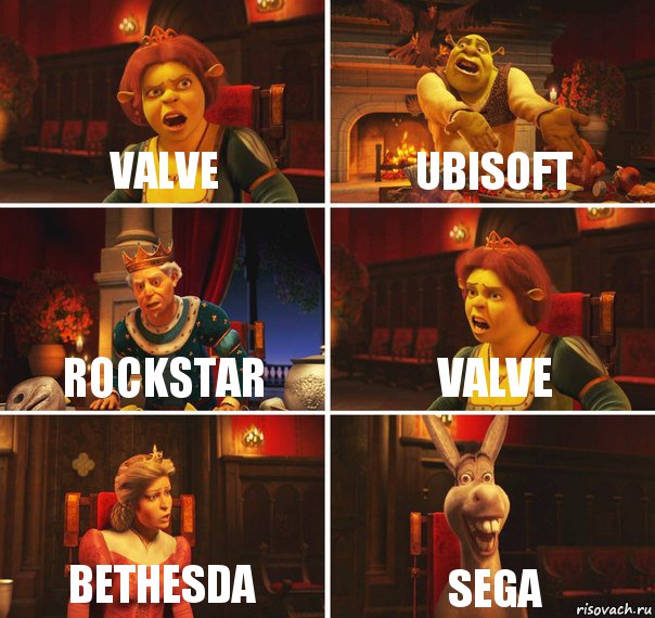 Valve Ubisoft Rockstar Valve Bethesda Sega, Комикс  Шрек Фиона Гарольд Осел